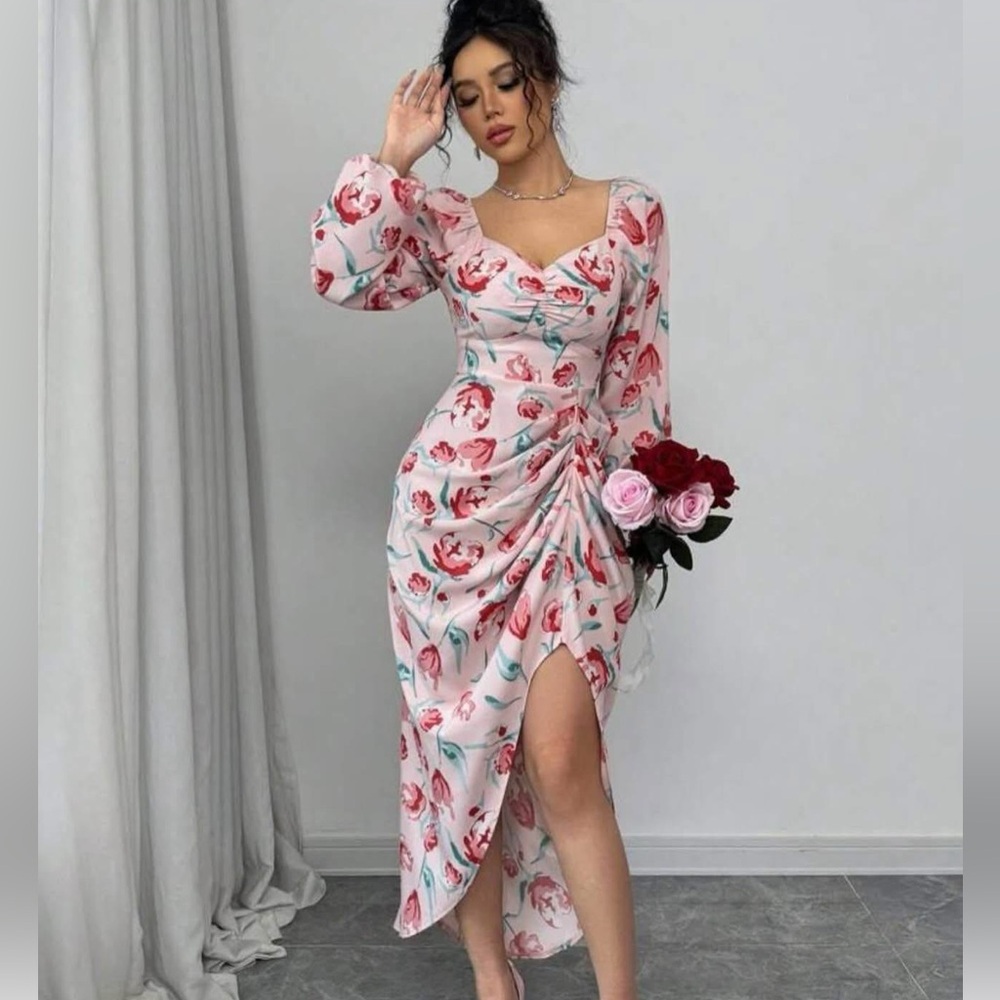 SHEIN White Cream Ruched Tiered Gown
